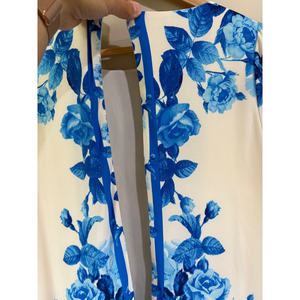 Eliza J Women's 8 Cream Blue Floral Border Print Sheath Dress Ballet Neck - Picture 8 of 9